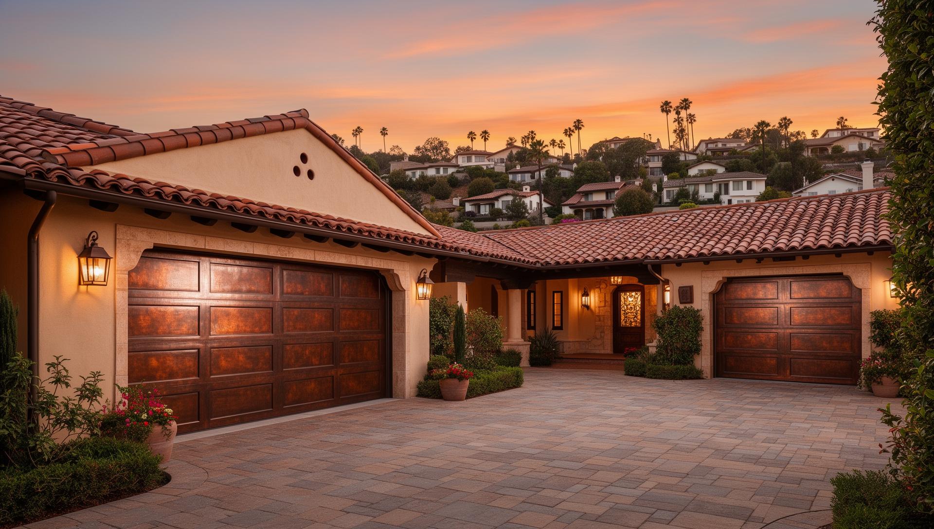 Luxury custom copper-clad garage doors on California Spanish revival home